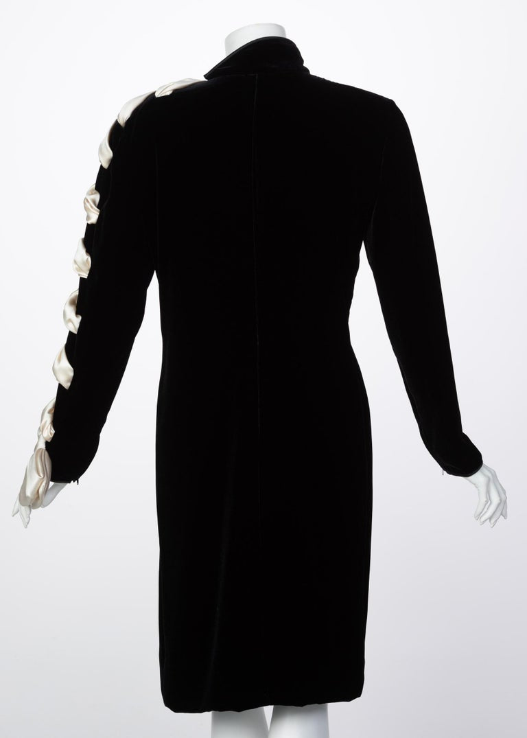 Valentino Black Velvet Ivory Satin Ribbon Bow Dress, 1980s