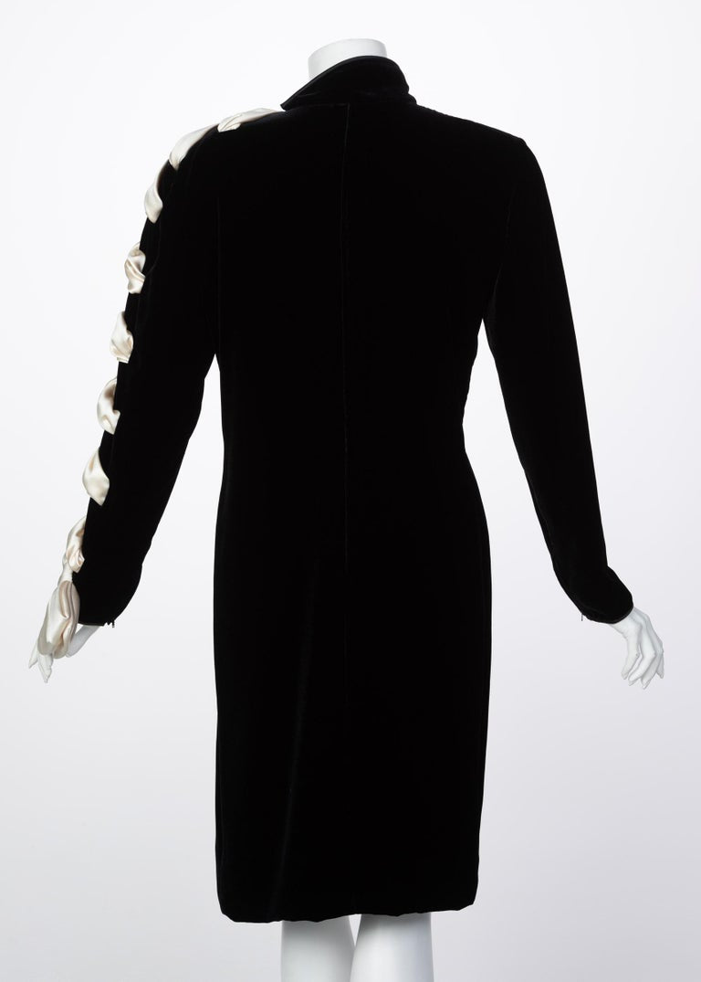 Valentino Black Velvet Ivory Satin Ribbon Bow Dress, 1980s