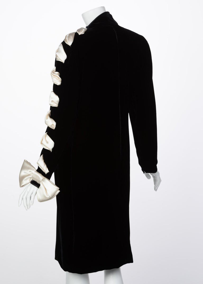 Valentino Black Velvet Ivory Satin Ribbon Bow Dress, 1980s