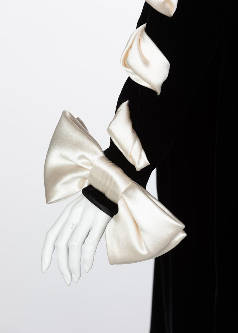 Valentino Black Velvet Ivory Satin Ribbon Bow Dress, 1980s
