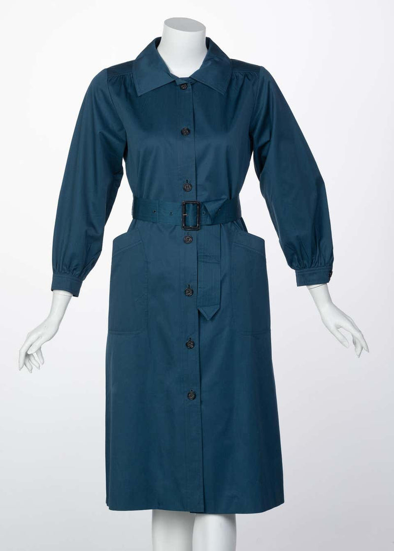 Yves Saint Laurent French Blue Belted Cotton Trench Coat YSL, 1980s