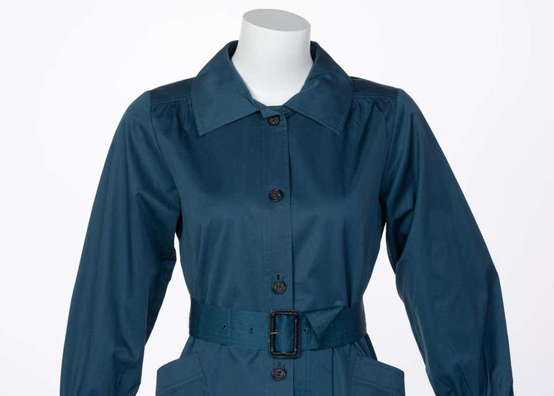 Yves Saint Laurent French Blue Belted Cotton Trench Coat YSL, 1980s