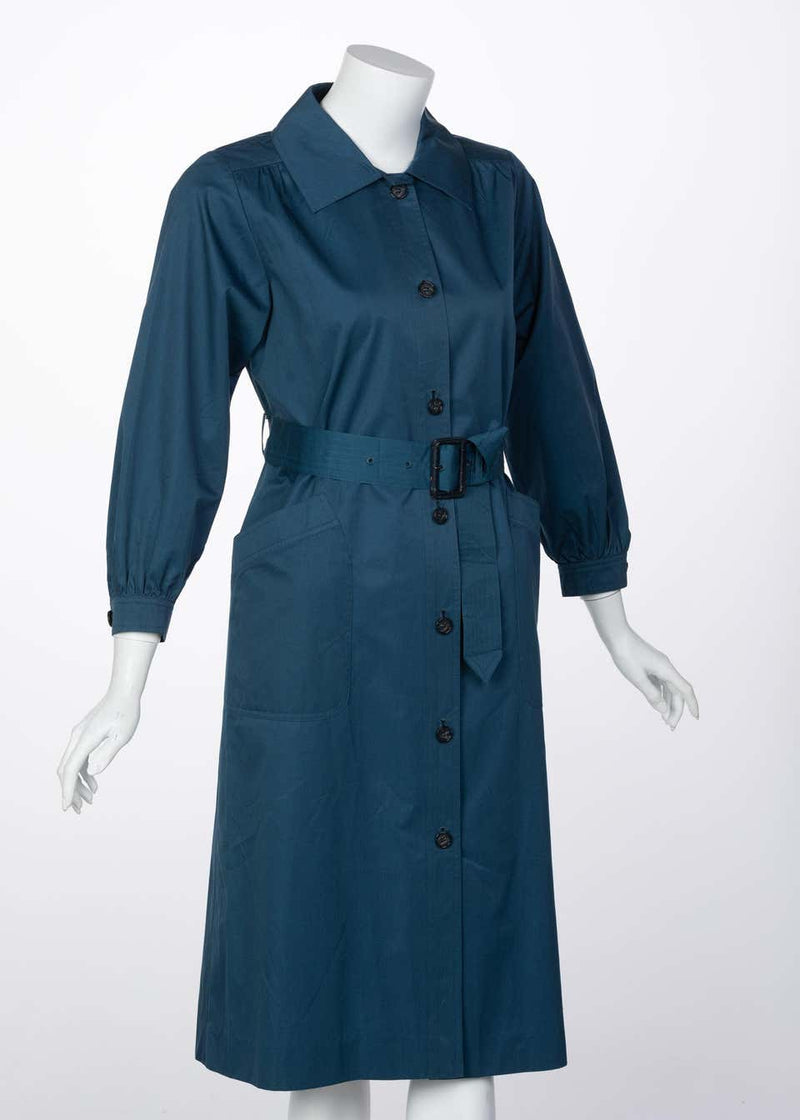Yves Saint Laurent French Blue Belted Cotton Trench Coat YSL, 1980s