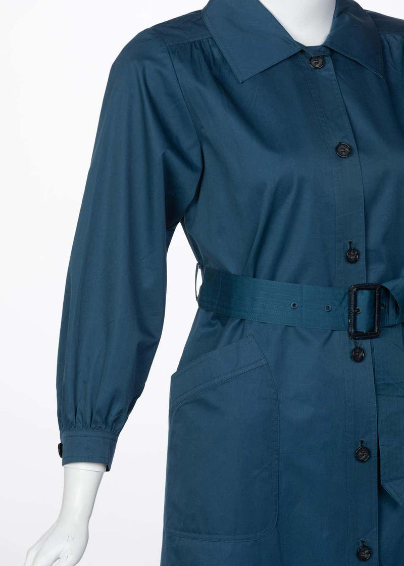 Yves Saint Laurent French Blue Belted Cotton Trench Coat YSL, 1980s