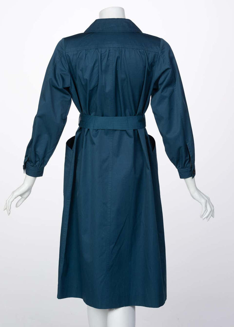 Yves Saint Laurent French Blue Belted Cotton Trench Coat YSL, 1980s