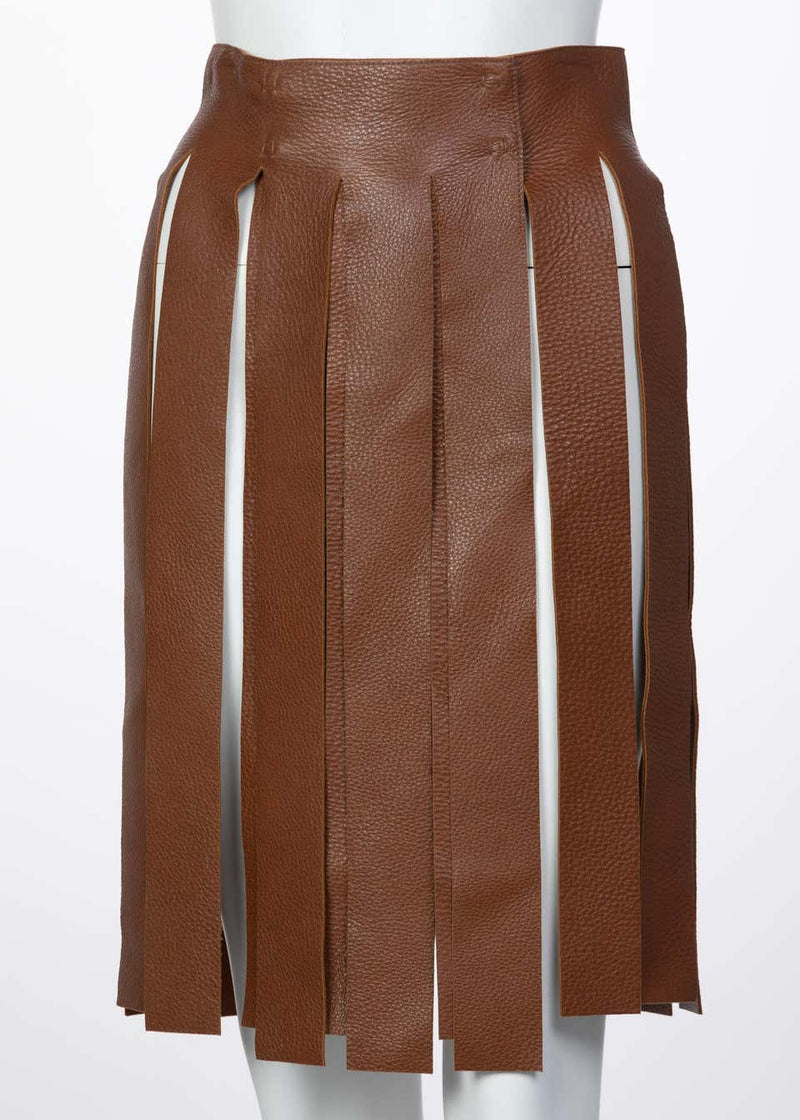 Prada Brown Pebbled Leather Fringe Waist Belt / Skirt Overlay