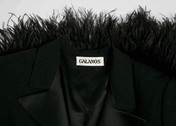 1980s Galanos Couture Black Wool Satin Lapels Feather Coat