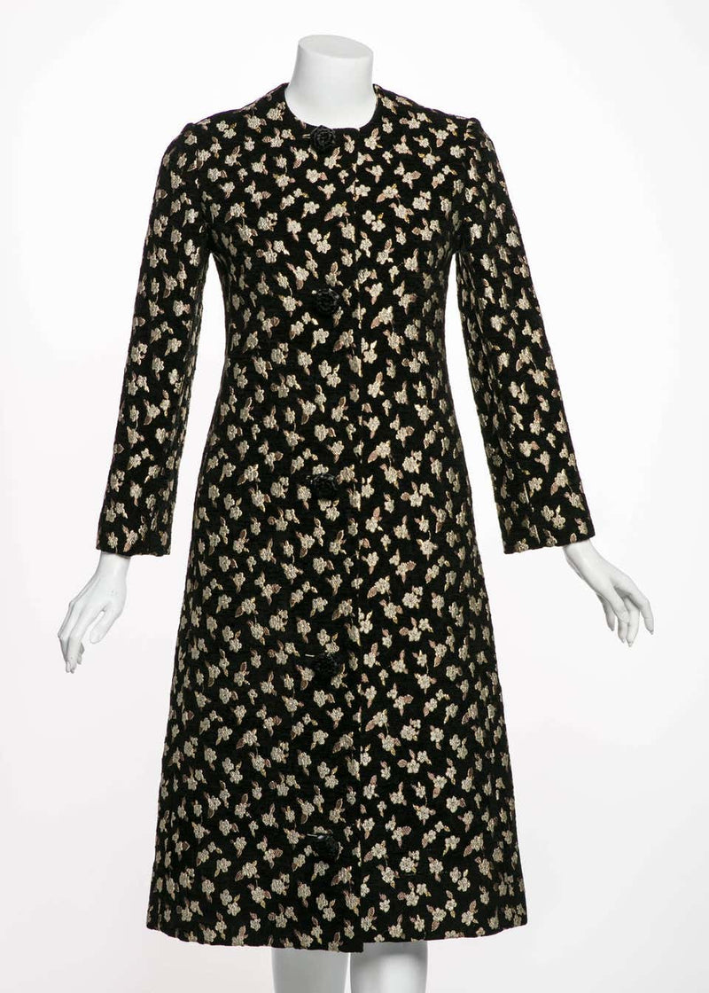 1960's Pauline Trigere Black Chenille Metallic Floral Brocade Tailored Coat