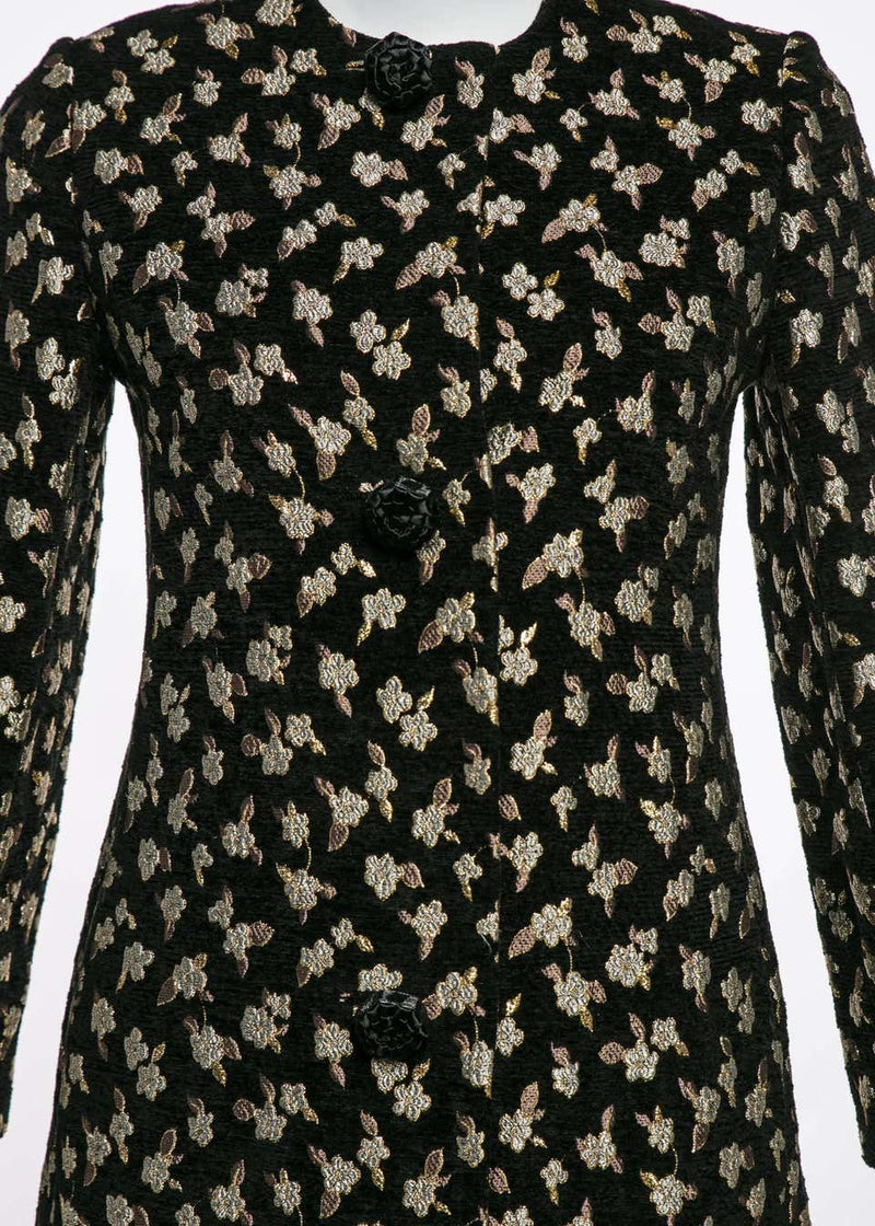 1960's Pauline Trigere Black Chenille Metallic Floral Brocade Tailored Coat