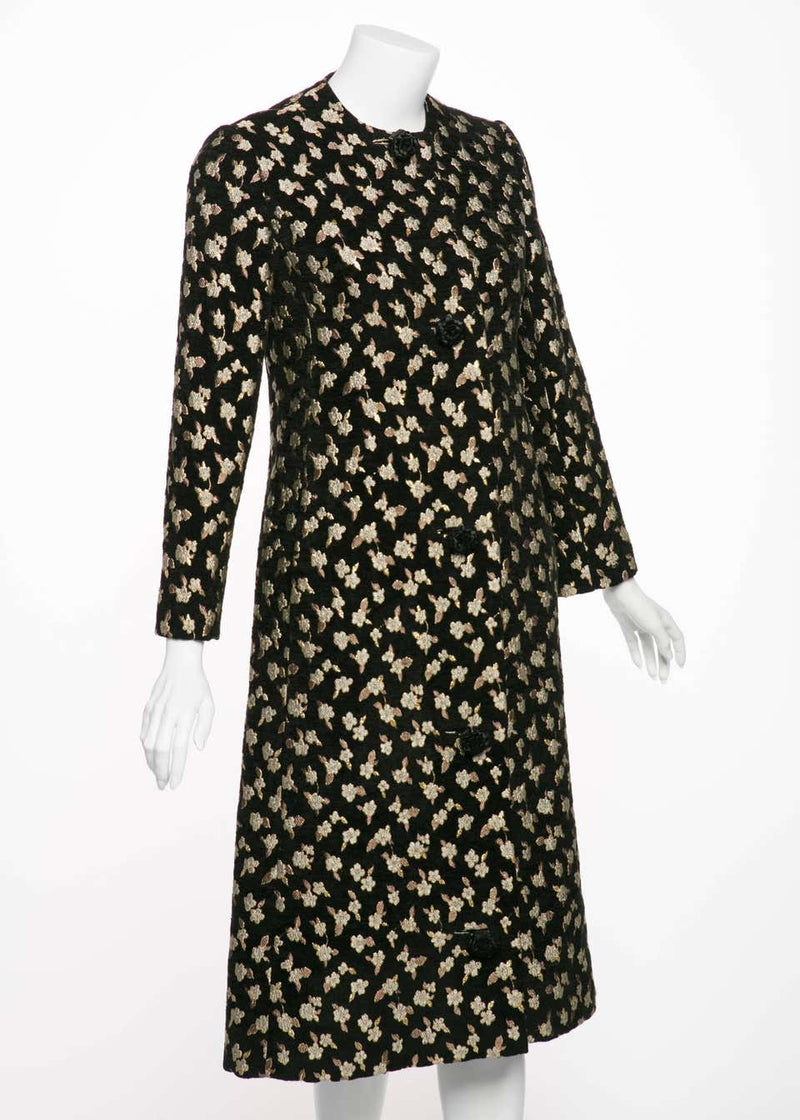 1960's Pauline Trigere Black Chenille Metallic Floral Brocade Tailored Coat