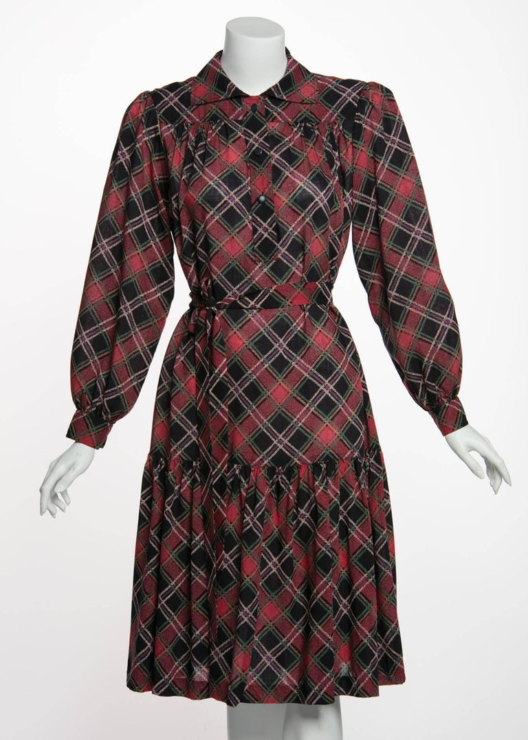 1970's Yves Saint Laurent YSL Vintage Lightweight Wool Plaid Dress