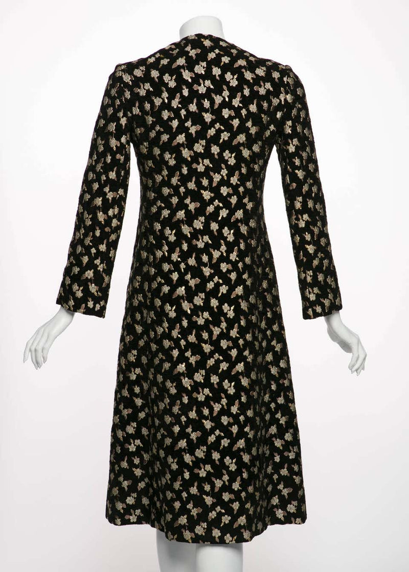 1960's Pauline Trigere Black Chenille Metallic Floral Brocade Tailored Coat