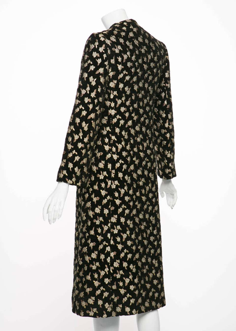 1960's Pauline Trigere Black Chenille Metallic Floral Brocade Tailored Coat