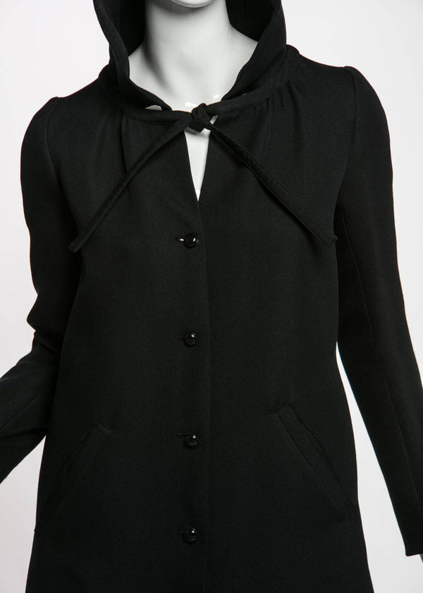 1960s Courrѐges Paris Mod Black Maxi Coat with Hood
