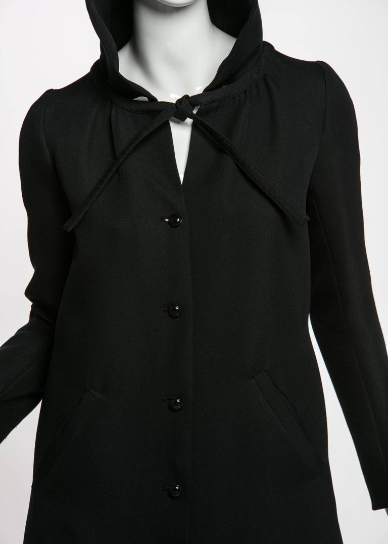 1960s Courrѐges Paris Mod Black Maxi Coat with Hood
