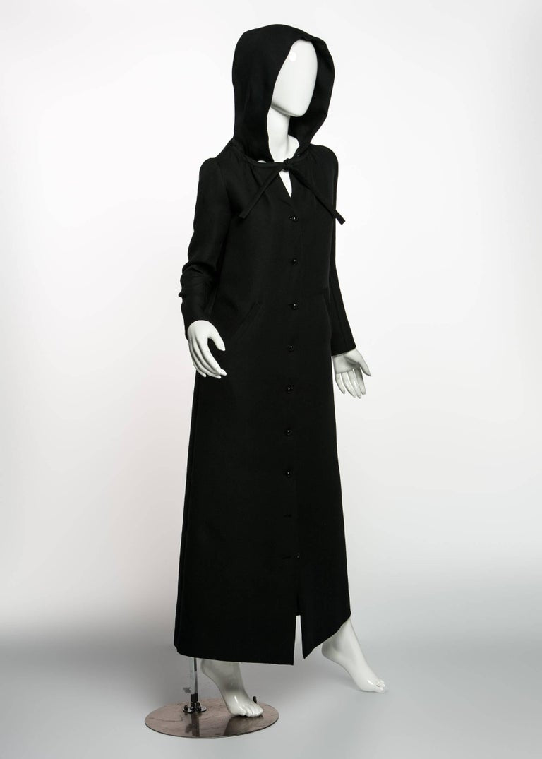 1960s Courrѐges Paris Mod Black Maxi Coat with Hood