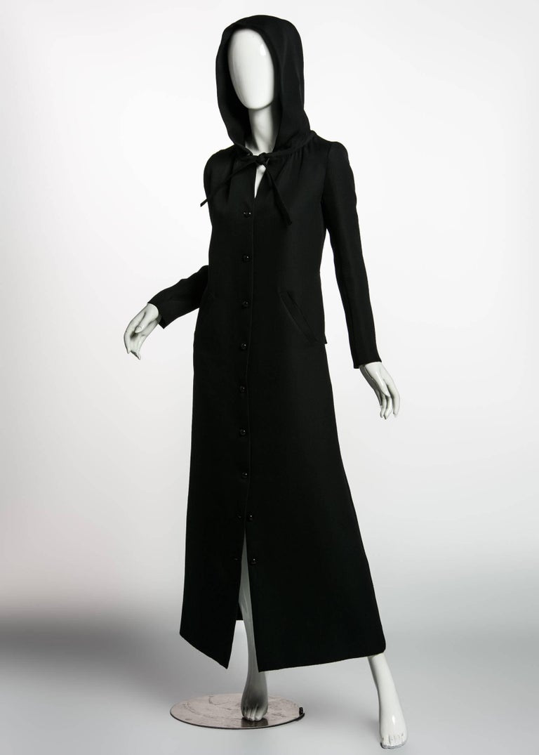 1960s Courrѐges Paris Mod Black Maxi Coat with Hood