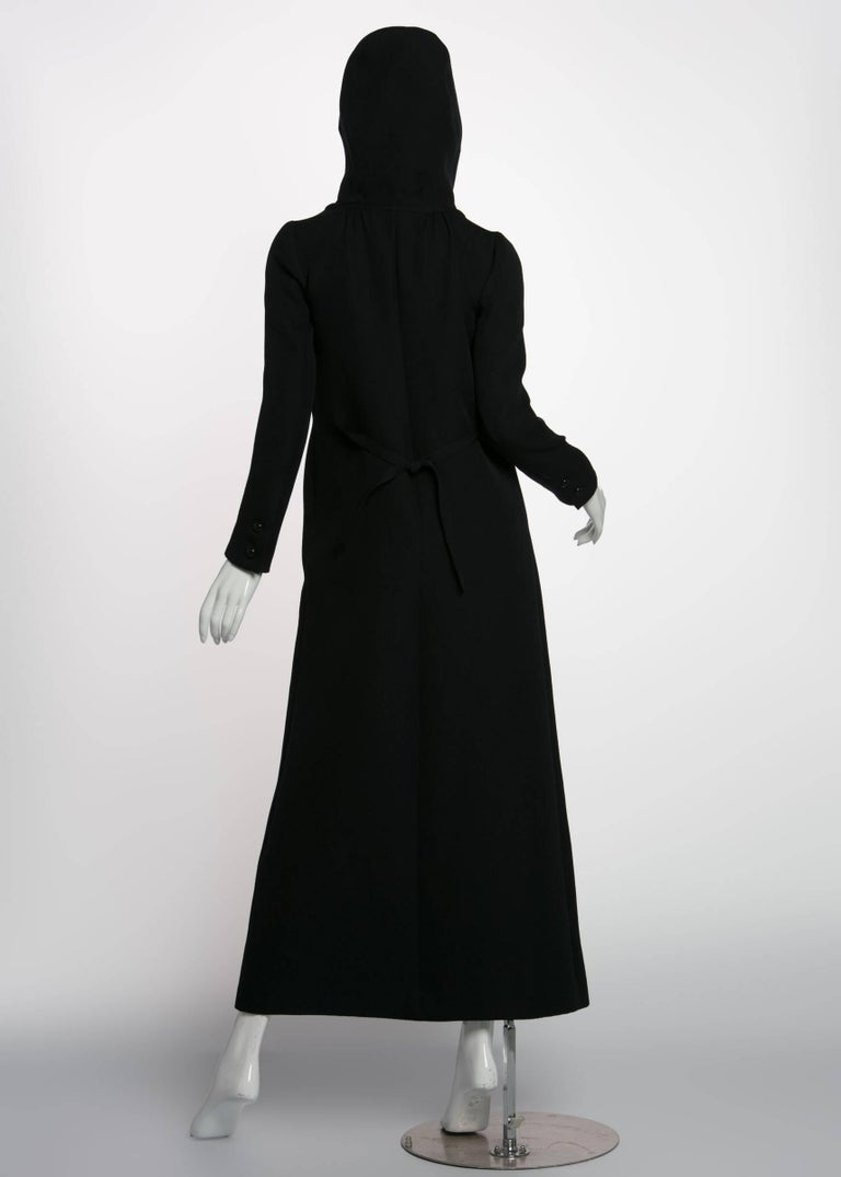 1960s Courrѐges Paris Mod Black Maxi Coat with Hood