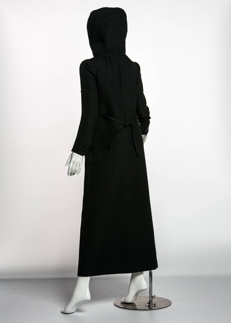 1960s Courrѐges Paris Mod Black Maxi Coat with Hood