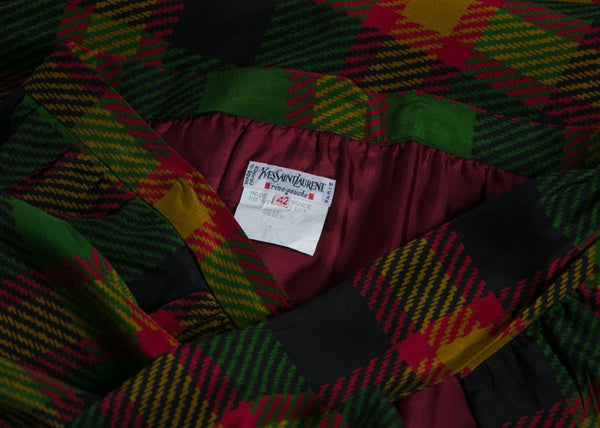 1990s Yves Saint Laurent Silk Plaid Maxi Wrap Sash Skirt Vintage YSL