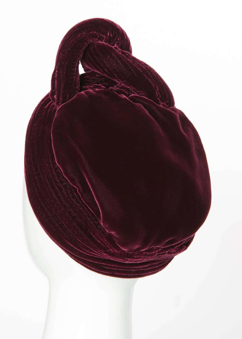 1930s Vintage Velvet Bordeaux Sculptural Turban Hat