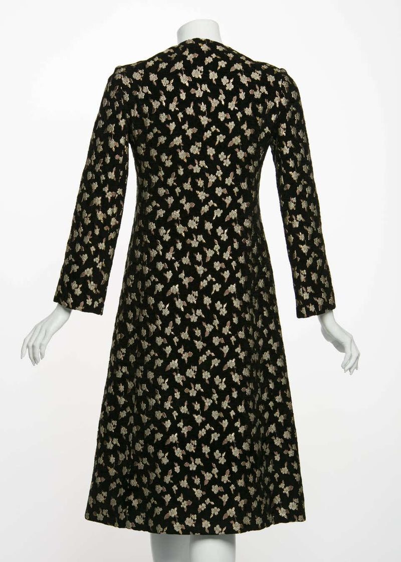 1960's Pauline Trigere Black Chenille Metallic Floral Brocade Tailored Coat