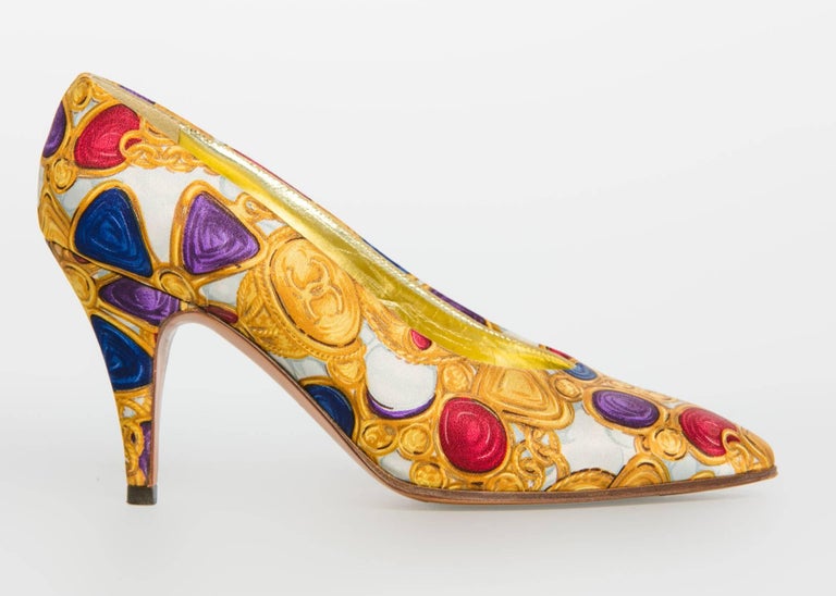 1990s Chanel Silk Gripoix CC Logo Print Heels Vintage