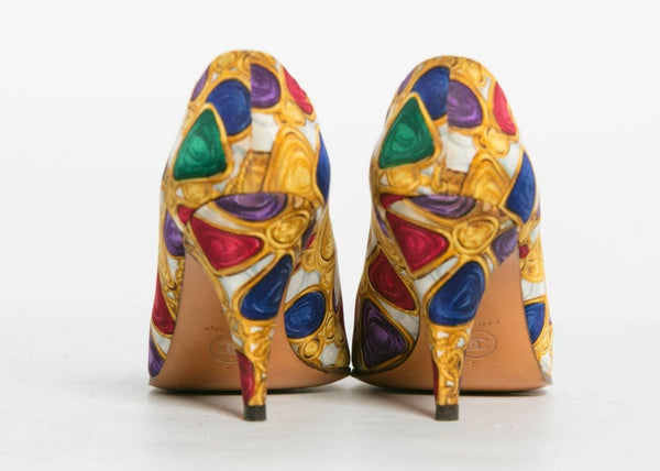 1990s Chanel Silk Gripoix CC Logo Print Heels Vintage