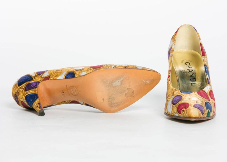 1990s Chanel Silk Gripoix CC Logo Print Heels Vintage