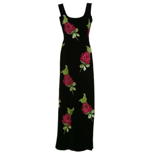 1990s Giorgio Armani Black Velvet Hand Sequined Beaded Roses Evening Dress