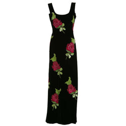 1990s Giorgio Armani Black Velvet Hand Sequined Beaded Roses Evening Dress