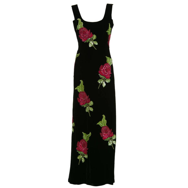1990s Giorgio Armani Black Velvet Hand Sequined Beaded Roses Evening Dress
