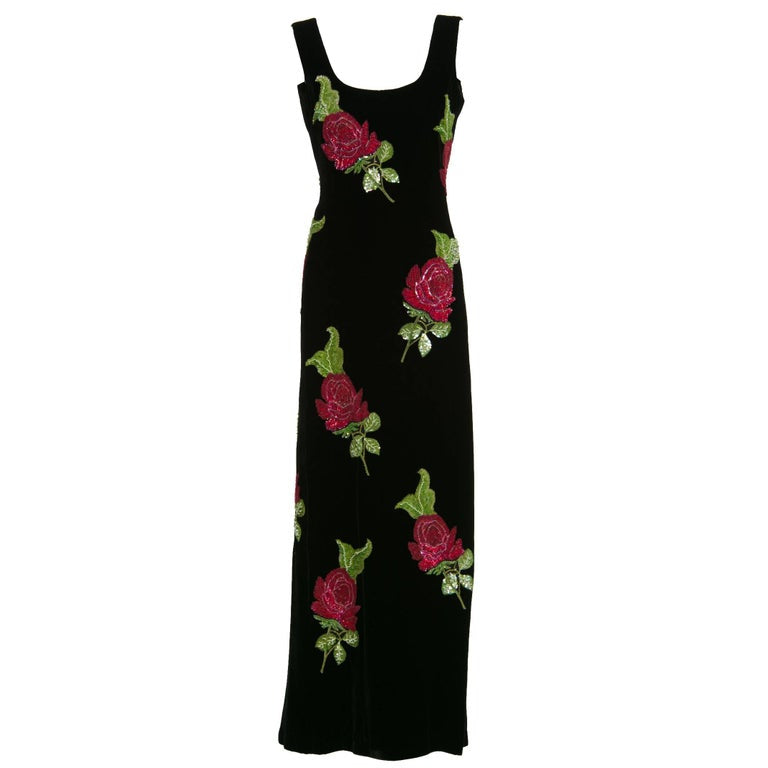 1990s Giorgio Armani Black Velvet Hand Sequined Beaded Roses Evening Dress