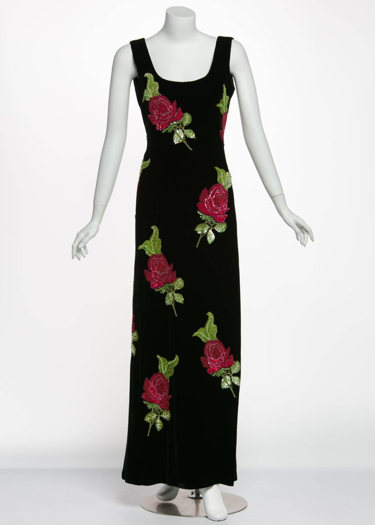 1990s Giorgio Armani Black Velvet Hand Sequined Beaded Roses Evening Dress