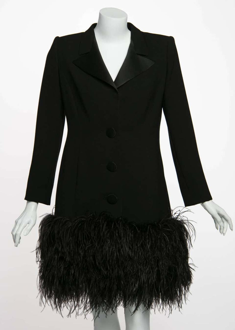 1980s Galanos Couture Black Wool Satin Lapels Feather Coat