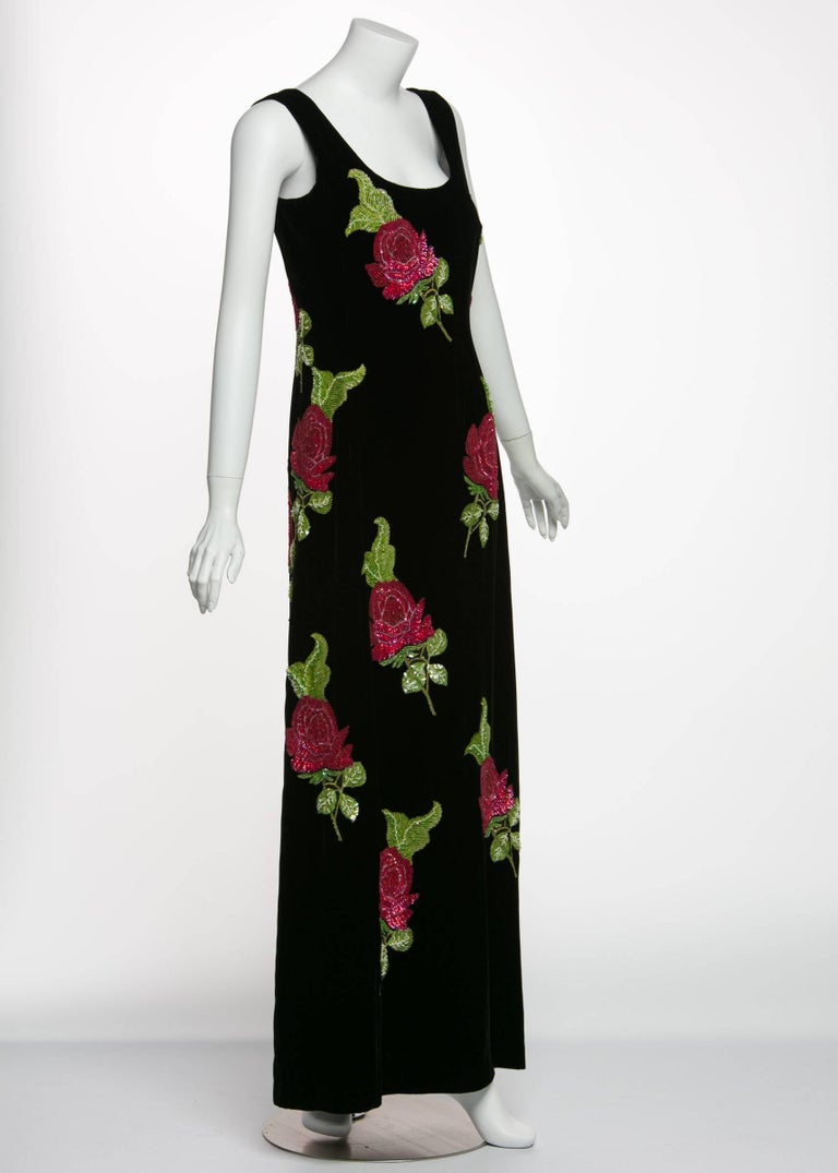 1990s Giorgio Armani Black Velvet Hand Sequined Beaded Roses Evening Dress
