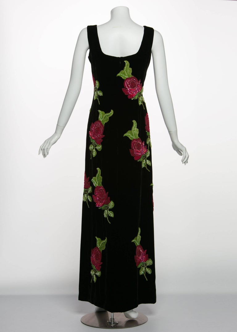 1990s Giorgio Armani Black Velvet Hand Sequined Beaded Roses Evening Dress