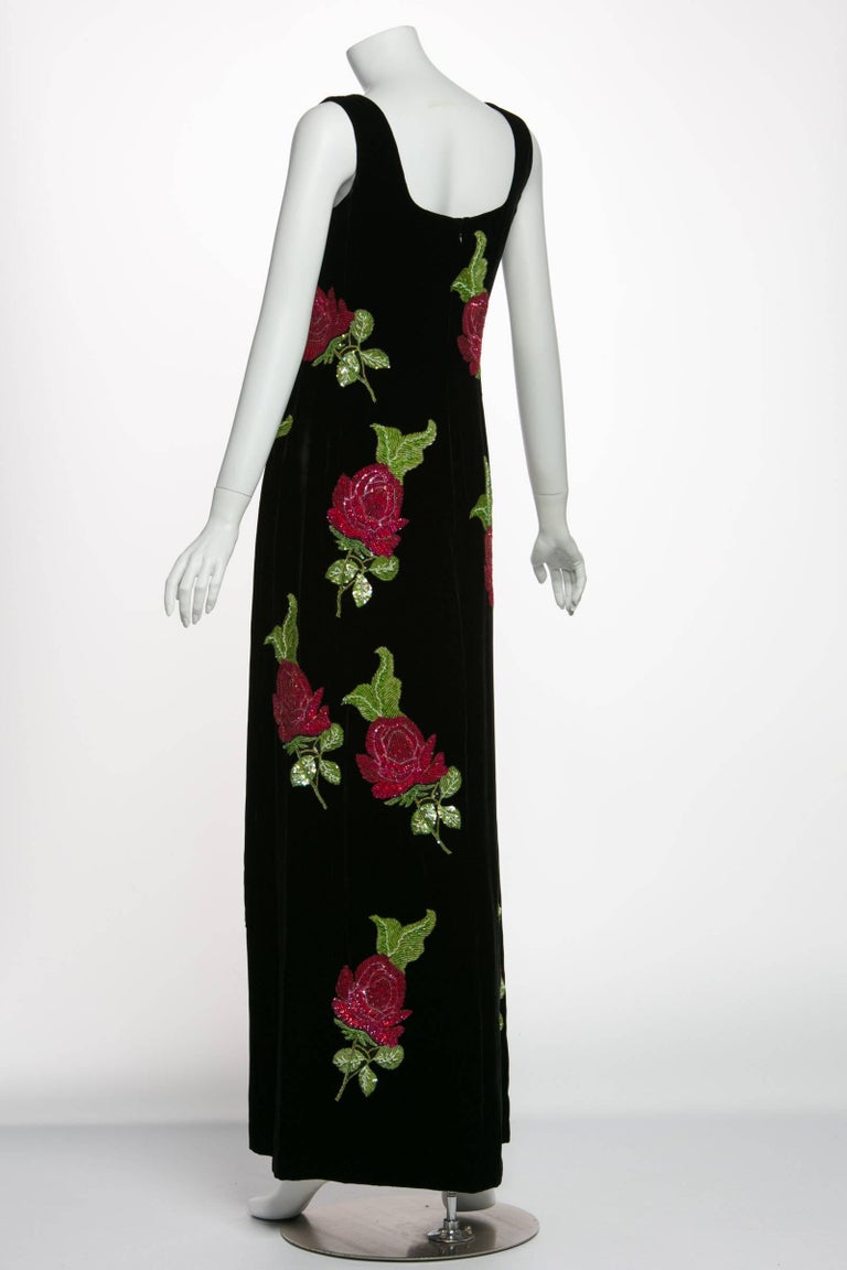 1990s Giorgio Armani Black Velvet Hand Sequined Beaded Roses Evening Dress