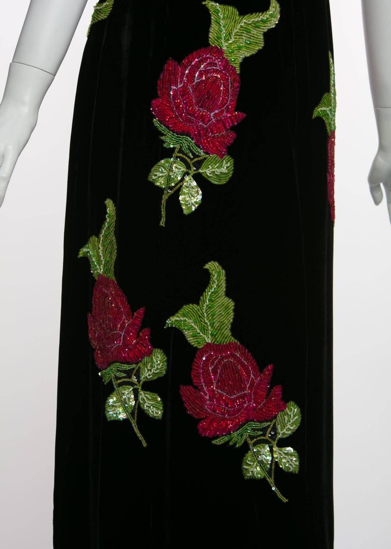 1990s Giorgio Armani Black Velvet Hand Sequined Beaded Roses Evening Dress
