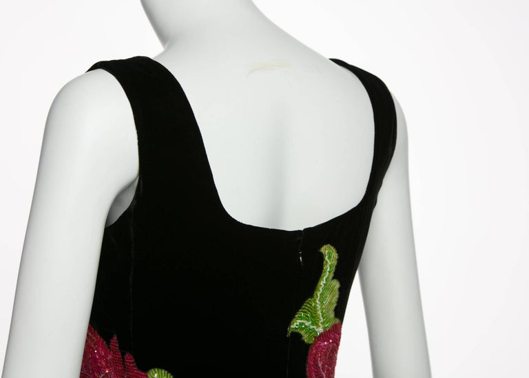 1990s Giorgio Armani Black Velvet Hand Sequined Beaded Roses Evening Dress