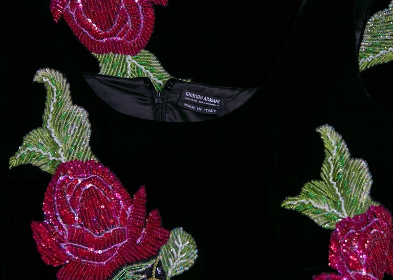 1990s Giorgio Armani Black Velvet Hand Sequined Beaded Roses Evening Dress