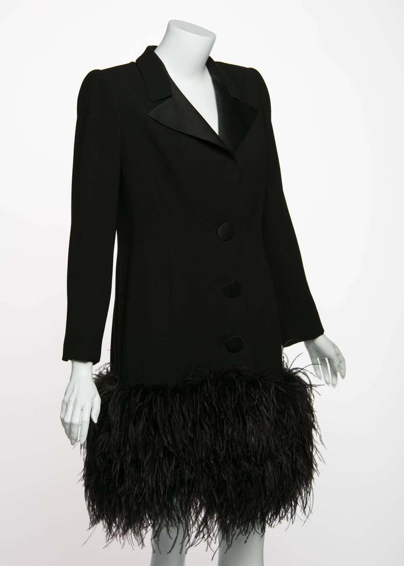 1980s Galanos Couture Black Wool Satin Lapels Feather Coat