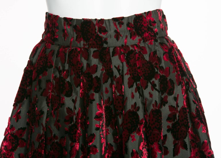 1960s Christian Dior Marc Bohan Demi Couture Red Velvet Florals Silk Skirt