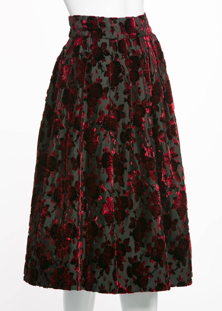 1960s Christian Dior Marc Bohan Demi Couture Red Velvet Florals Silk Skirt