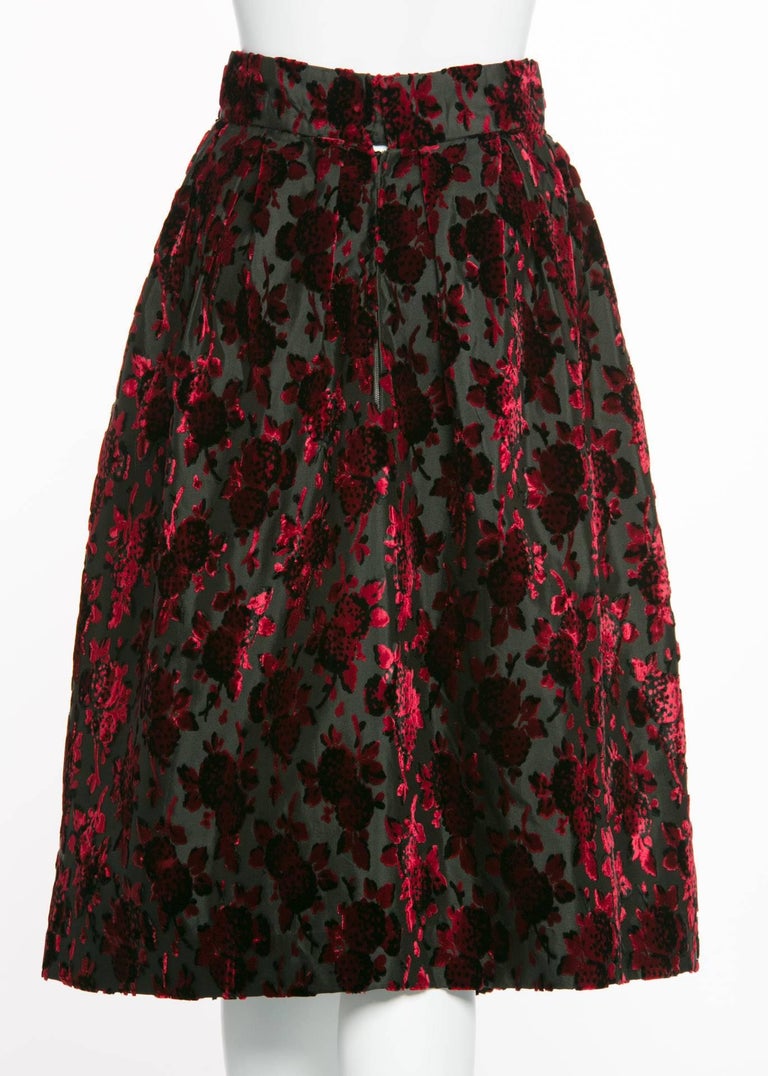 1960s Christian Dior Marc Bohan Demi Couture Red Velvet Florals Silk Skirt