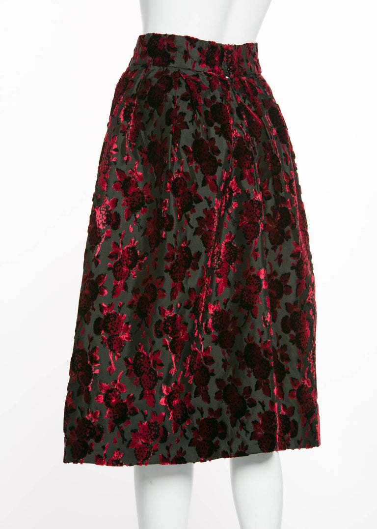 1960s Christian Dior Marc Bohan Demi Couture Red Velvet Florals Silk Skirt