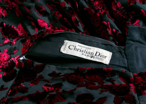 1960s Christian Dior Marc Bohan Demi Couture Red Velvet Florals Silk Skirt
