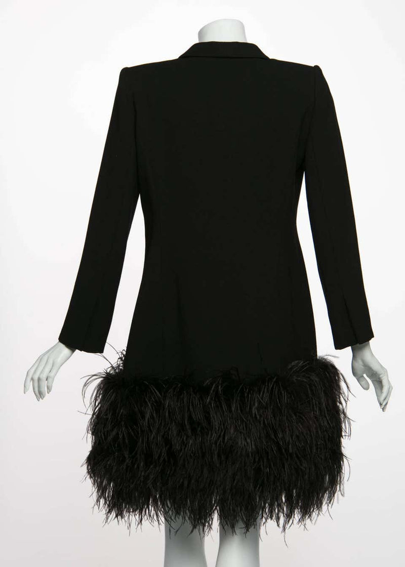 1980s Galanos Couture Black Wool Satin Lapels Feather Coat