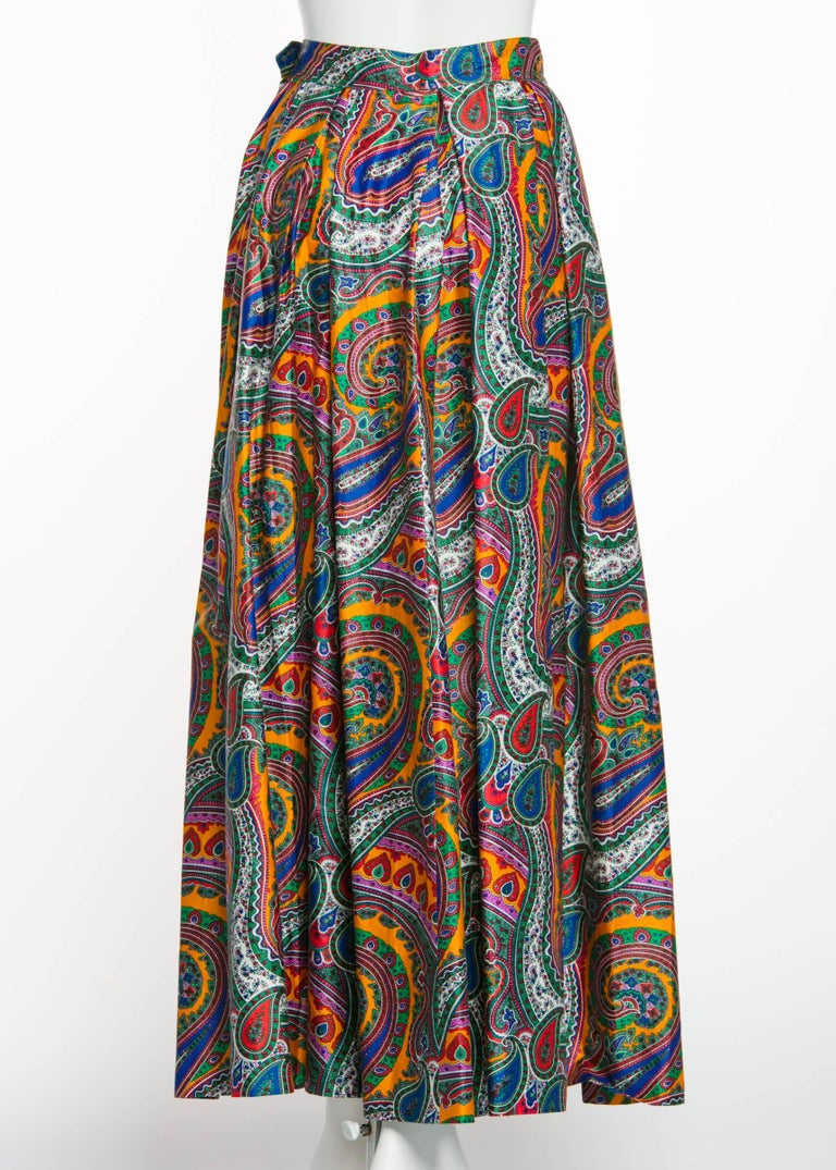 1970s Yves Saint Laurent High Waist Cotton Paisley Peasant Maxi Skirt