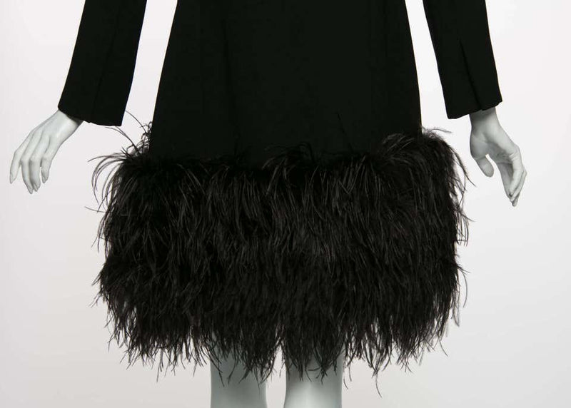 1980s Galanos Couture Black Wool Satin Lapels Feather Coat